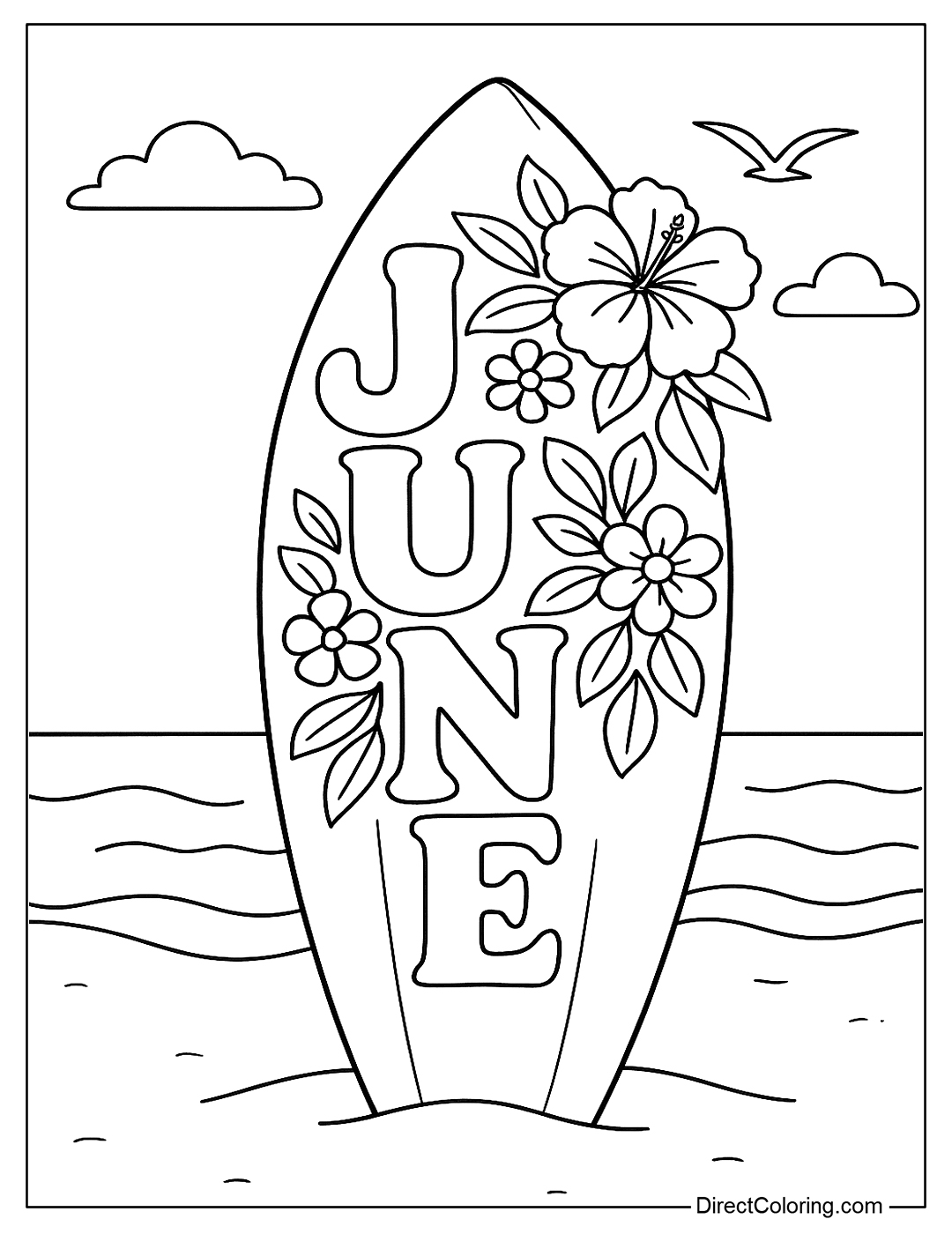 a surfboard coloring page standing next to the sand with a colorful 